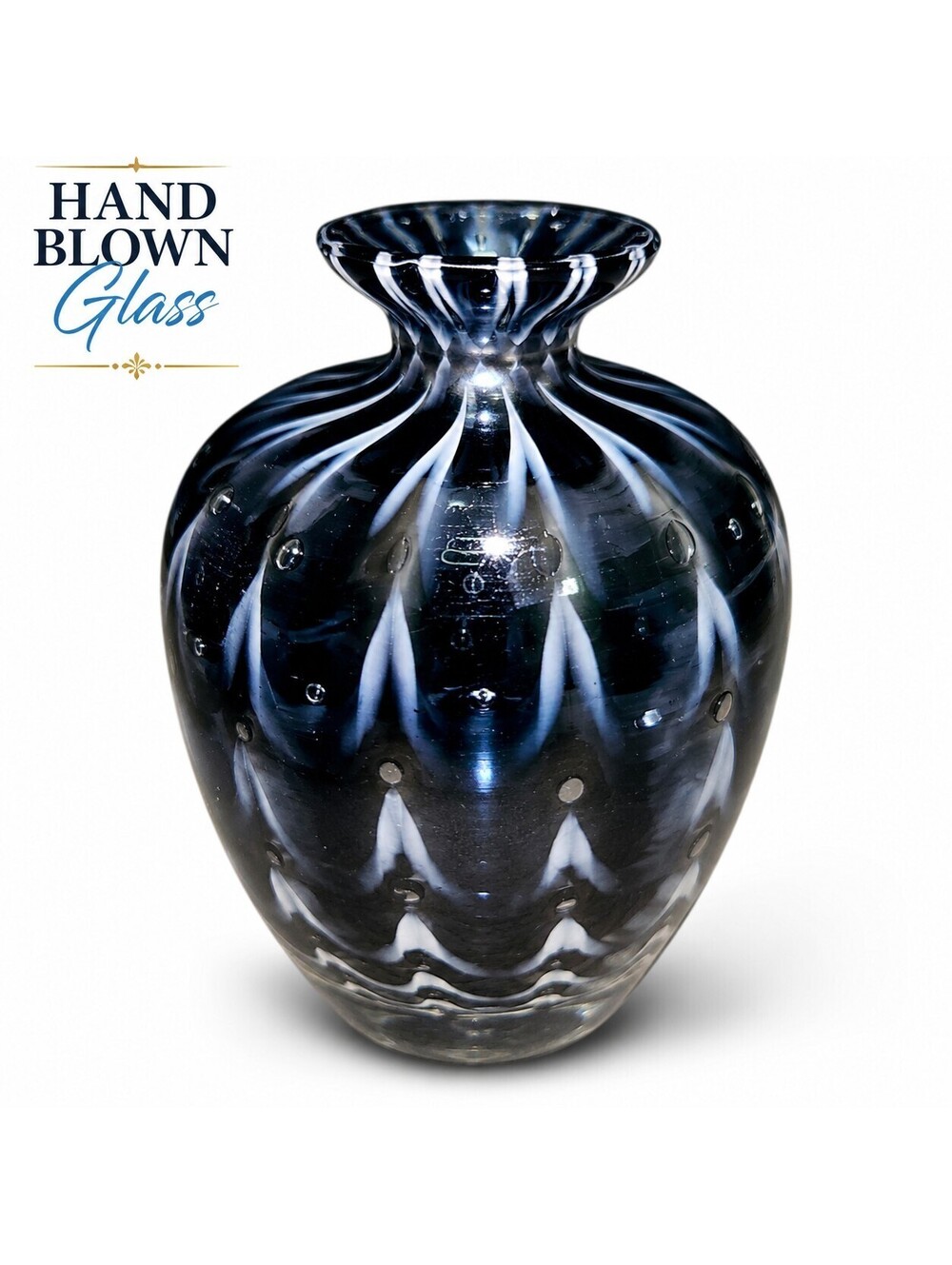 Small Hand Blown Art Glass Vase Black Blue White Swirl Feather Bubble Studio...